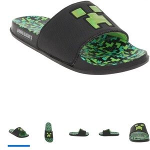 ❤️ BNWT SIZE 11/12 Kids Minecraft Black and Green Slide Sandals